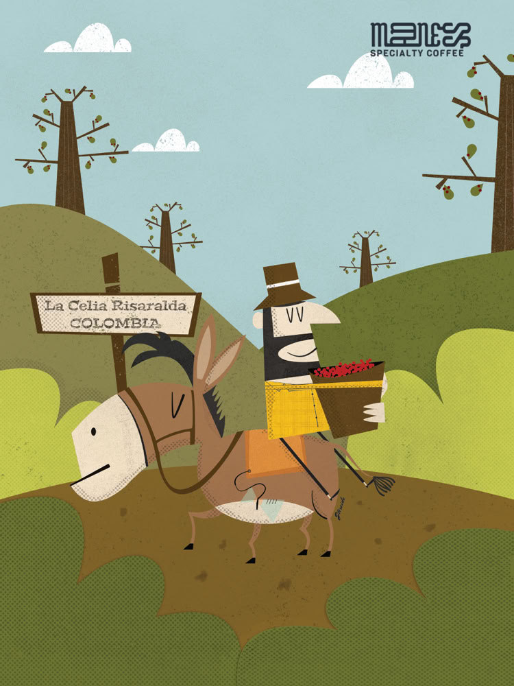 Ilustración de un hombre con sombrero montando un burro, sosteniendo una caja. Hay un letrero que dice "De Chile, Pimiento, COLCHAGUA" y árboles en el fondo.