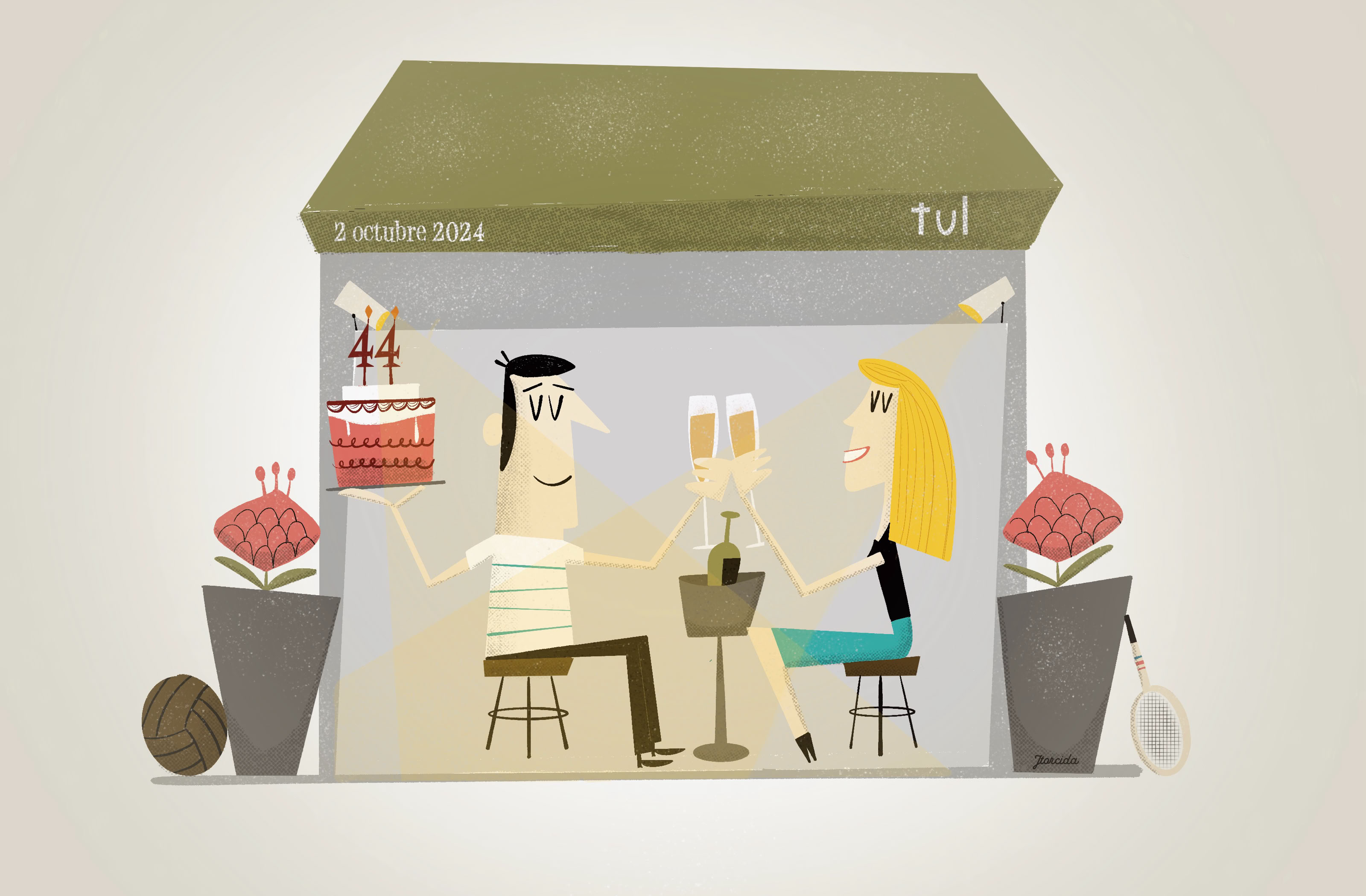 Ilustración de dos personas sentadas en una mesa bajo un toldo verde, brindando con copas. Hay flores en macetas a los lados.