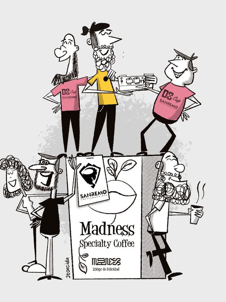 Ilustración de varias personas caricaturizadas alrededor de una caja grande de café con la etiqueta "Madness Specialty Coffee". Algunas personas están de pie sobre la caja, mientras otras están a los lados, sosteniendo tazas de café.