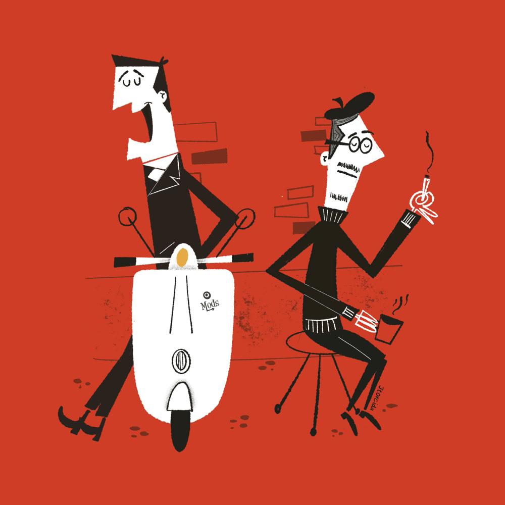 Ilustración de dos figuras estilizadas sobre un fondo rojo; una está sentada en una motocicleta blanca y la otra en una silla, sosteniendo un cigarrillo.