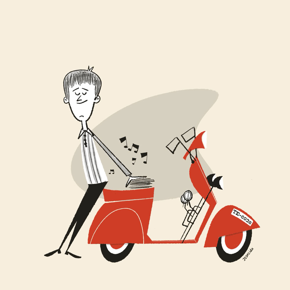 Ilustración de una persona de pie junto a una motocicleta roja, con notas musicales flotando en el aire.