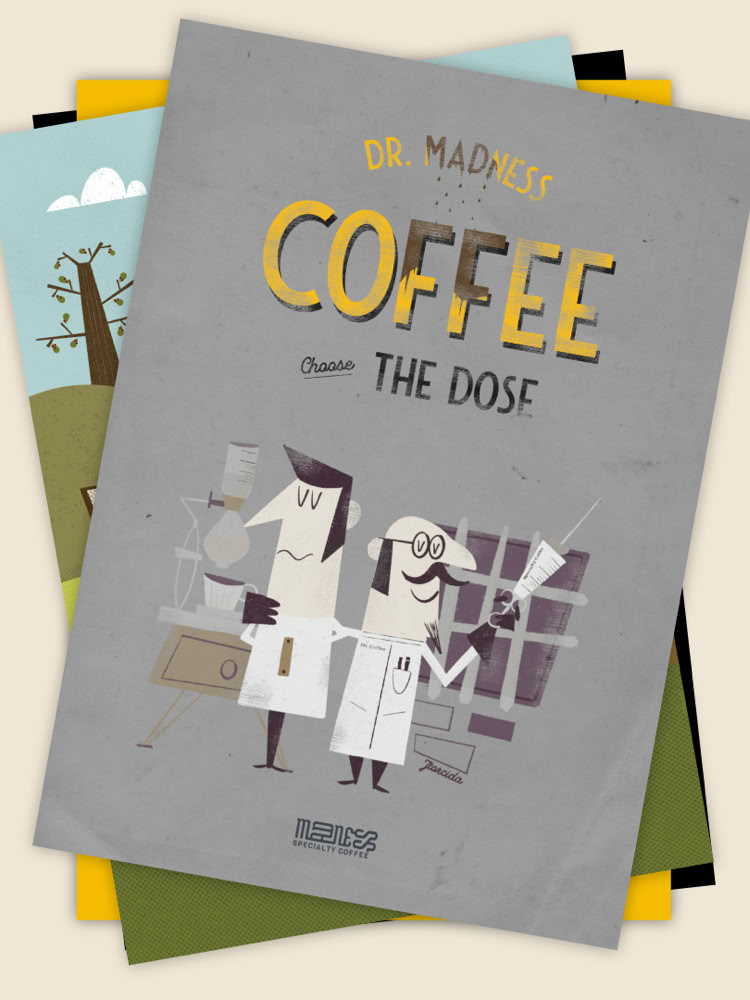 Portada de un libro titulado "Coffee: The Dose" con ilustraciones de dos personajes en batas blancas frente a una pared de ladrillos.