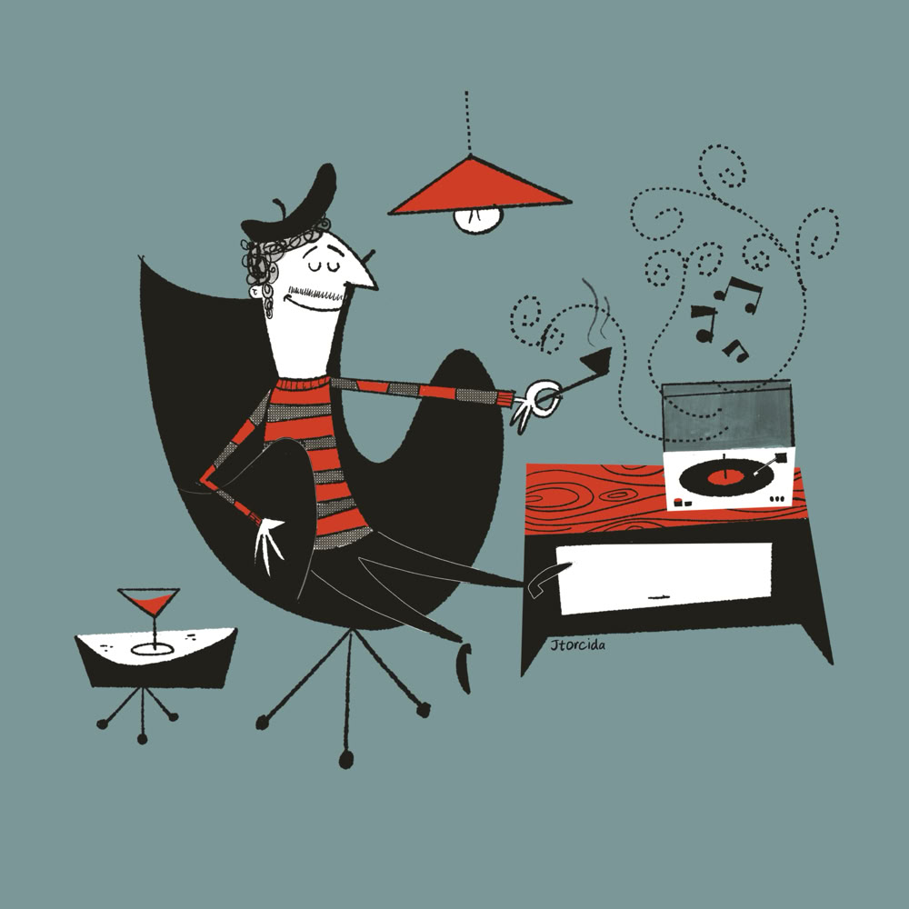 Ilustración de una persona sentada en una silla moderna, escuchando música de un tocadiscos. Hay una mesa auxiliar con una copa y una lámpara colgante roja. Notas musicales flotan en el aire.