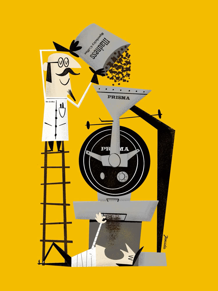 Ilustración de una persona con gafas y bigote, de pie en una escalera, vertiendo un contenedor de ideas en una máquina con engranajes, sobre un fondo amarillo.